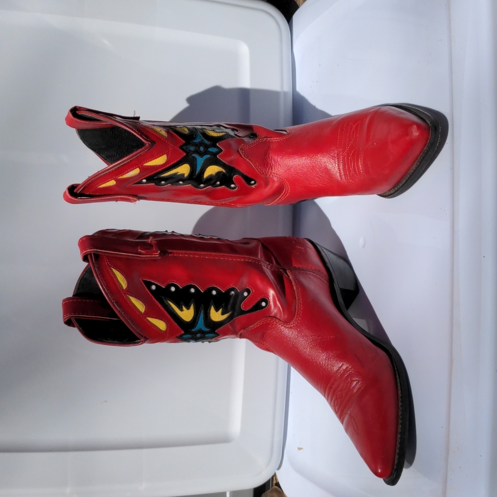 Red leather western style boots with butterflies